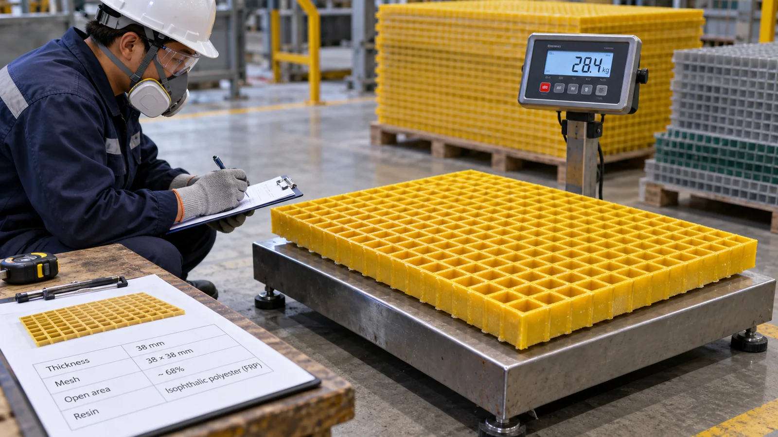 Molded FRP grating panel being weighed on a platform scale in a factory