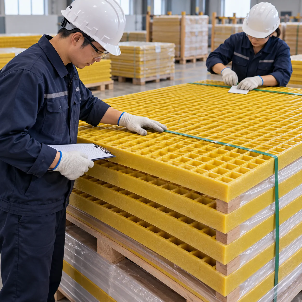 Inspecting and labelling FRP grating before packing