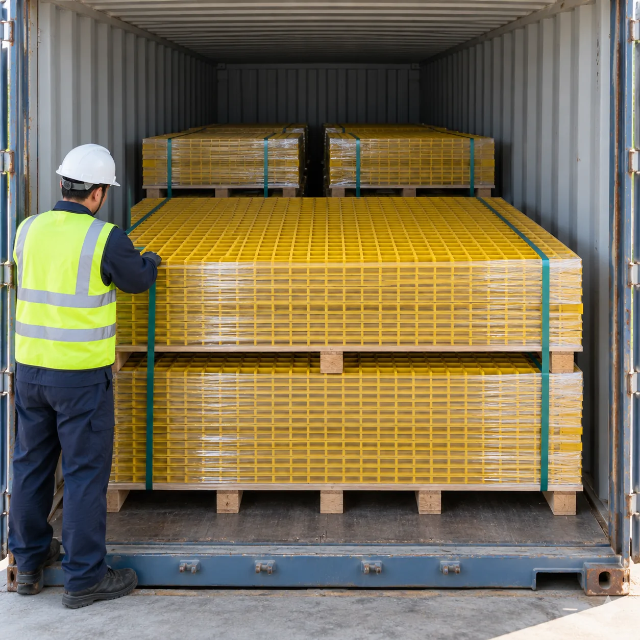Packed FRP grating loaded in a shipping container