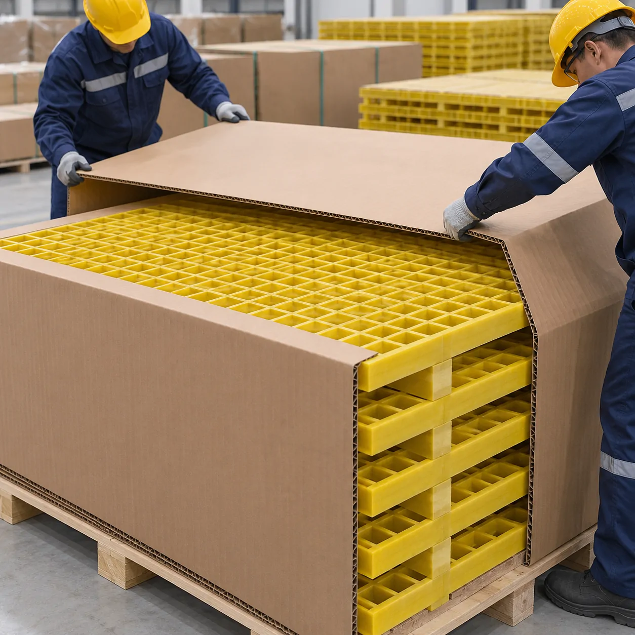 FRP grating wrapped in corrugated board