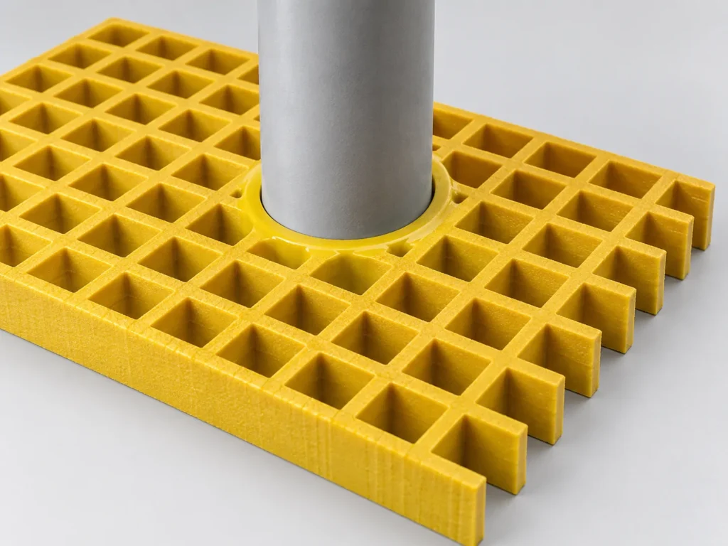FRP grating with a cut-out opening for a pipe