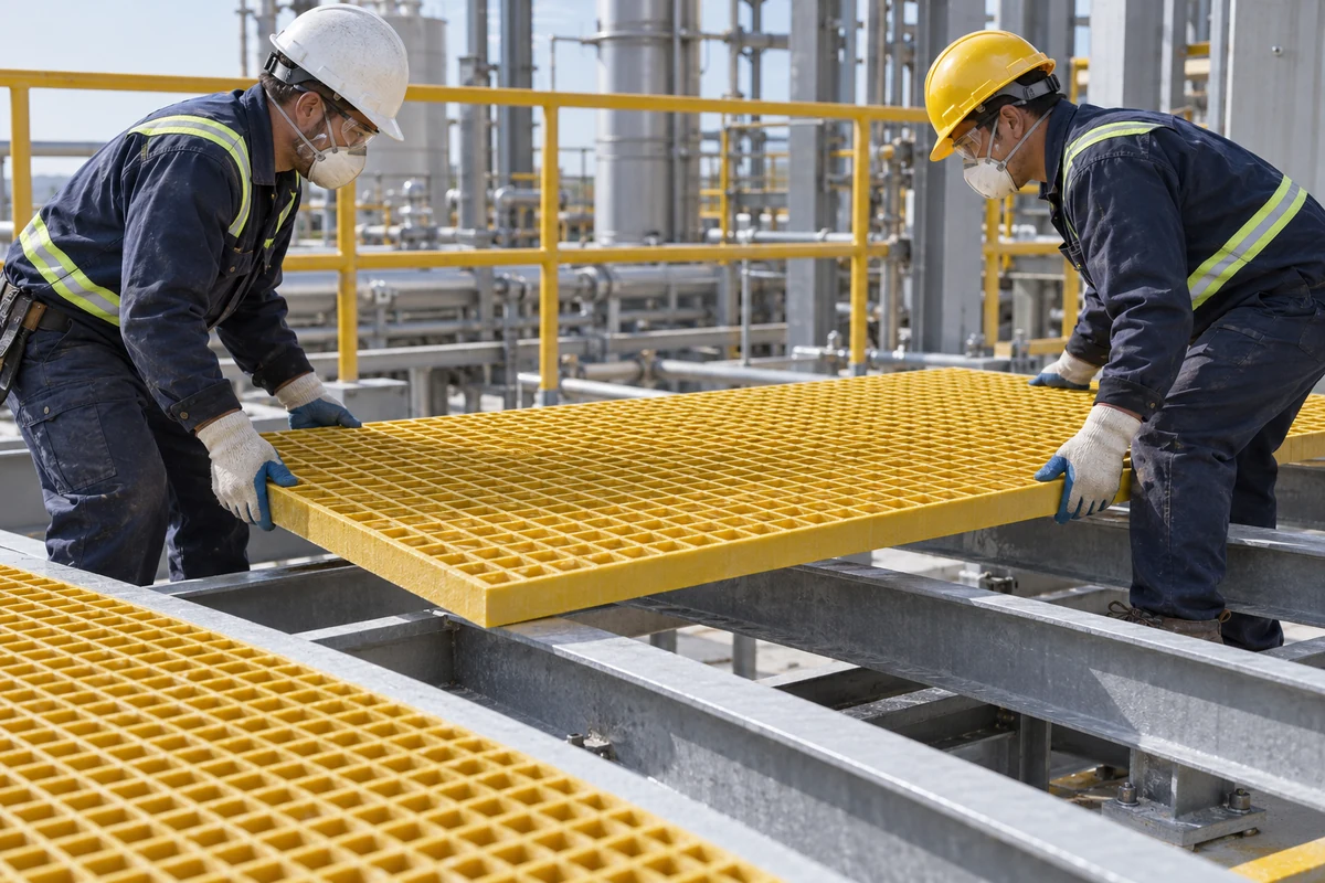Two workers placing a cut molded FRP grating panel onto steel support beams