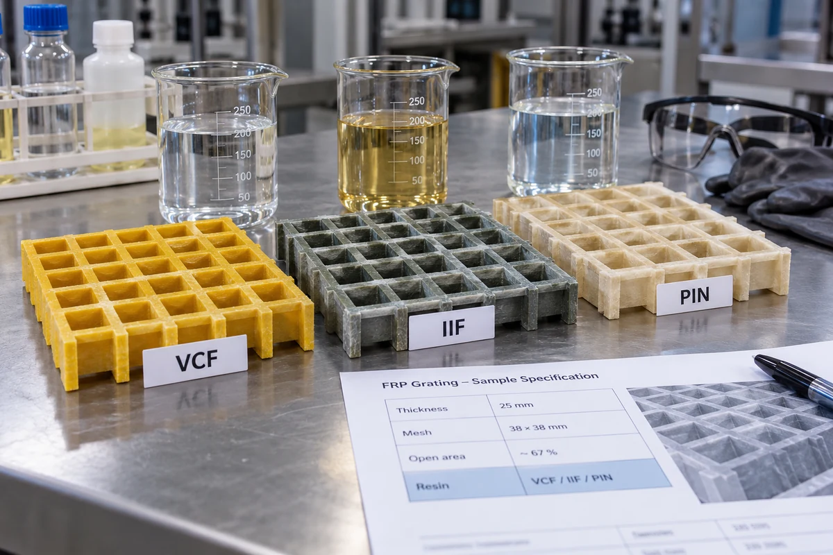 Sample pieces of FRP grating in different resin systems labelled for immersion testing