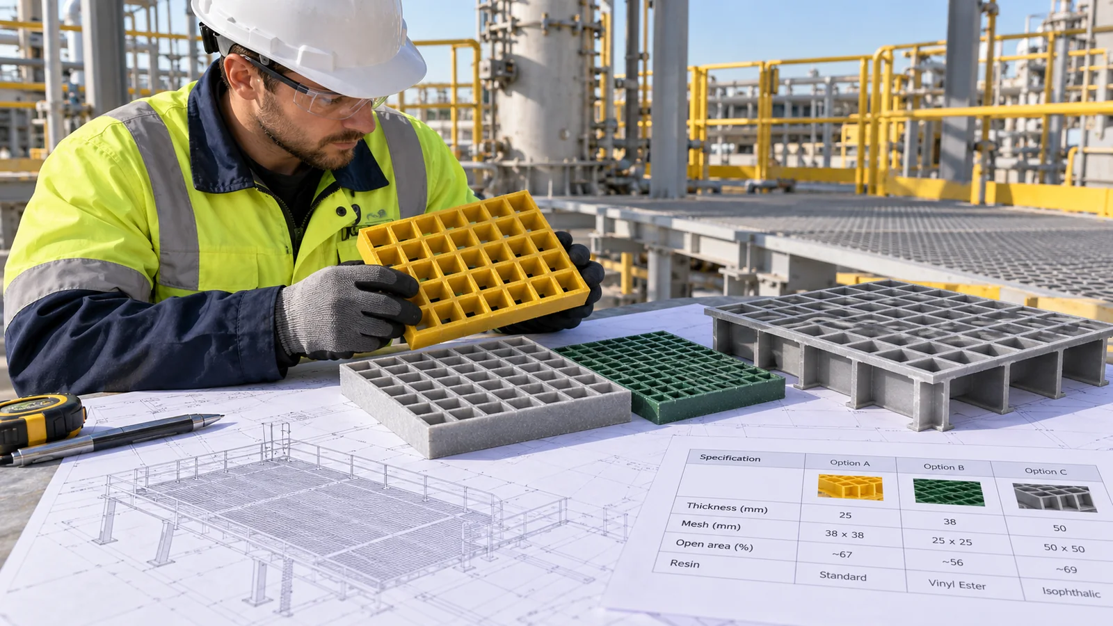 Engineer reviewing FRP grating samples of different meshes and thicknesses on a platform drawing
