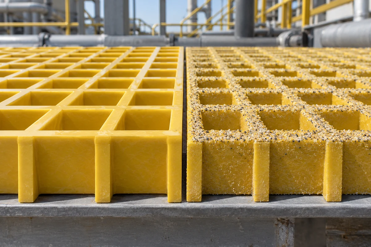 Close-up comparison of standard top and grit top surfaces on molded FRP grating