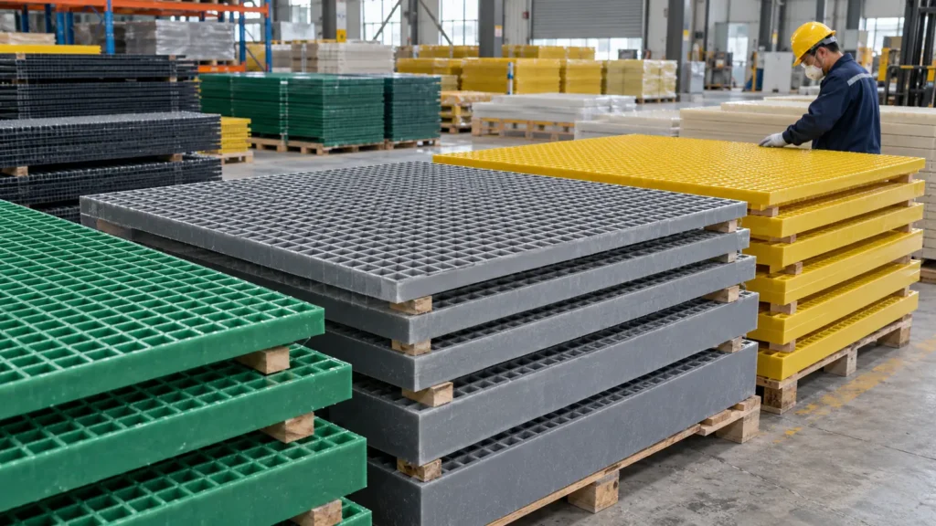 Stacked FRP grating panels on pallets