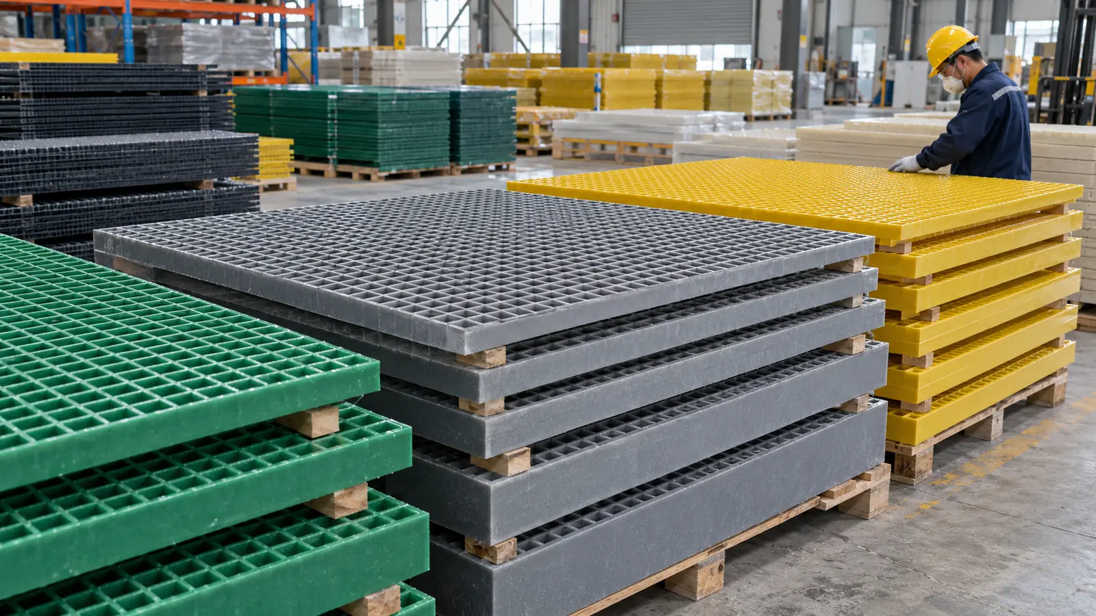 Stacks of molded FRP grating panels in different thicknesses and colours in a factory warehouse