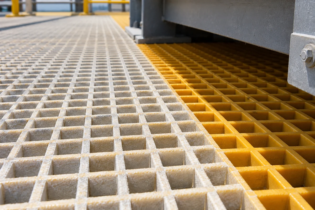 Close-up of FRP grating surface showing UV fading next to a protected area