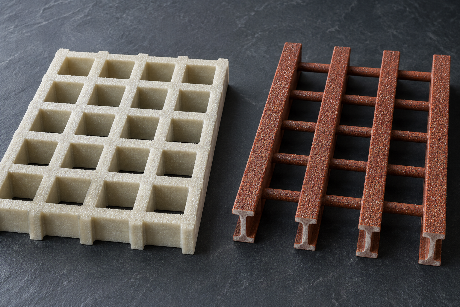 Molded and pultruded FRP grating panels side by side showing different construction