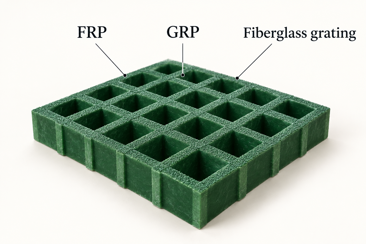 Molded fiberglass grating panel labelled with the three names FRP, GRP and fiberglass grating