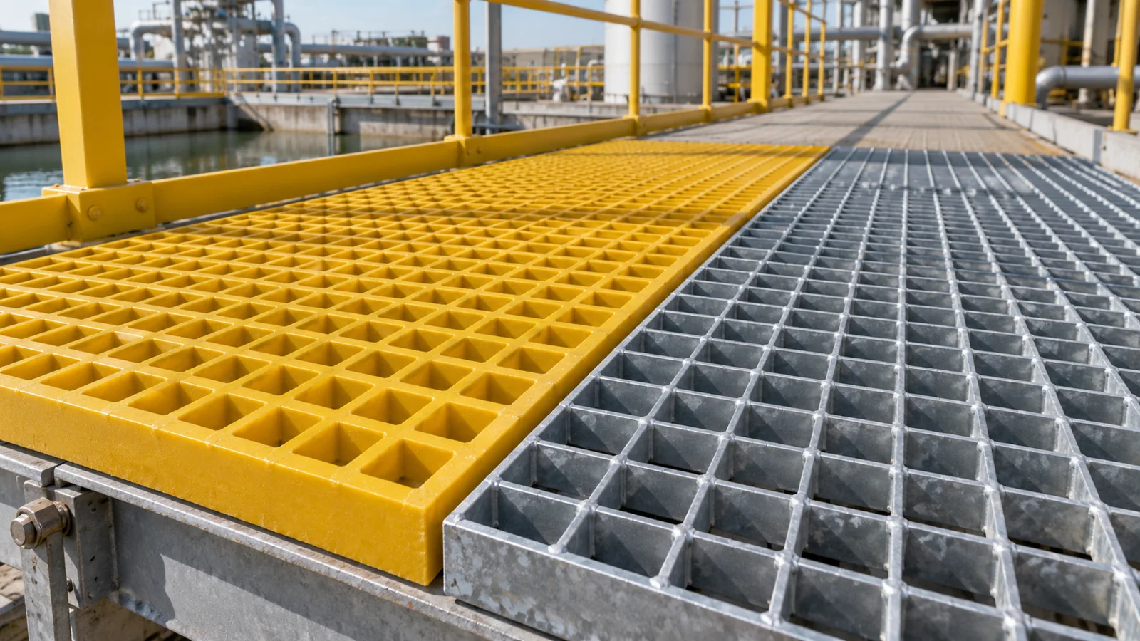 Side-by-side panels of yellow FRP grating and galvanized steel bar grating on an industrial walkway