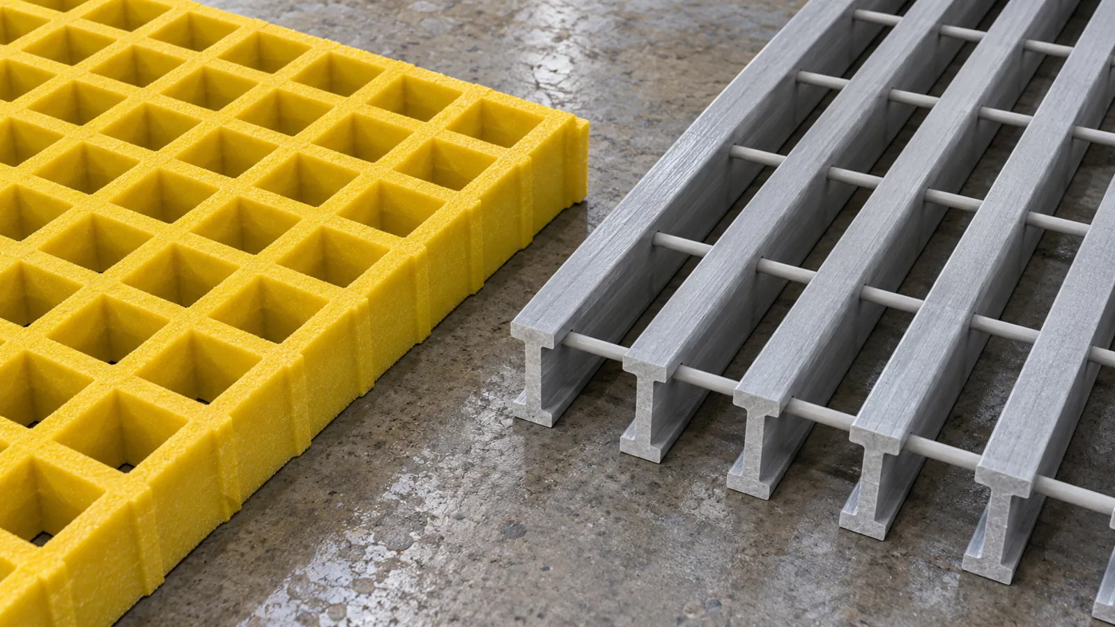 Molded FRP grating with square mesh next to pultruded FRP grating with I-bar load bars
