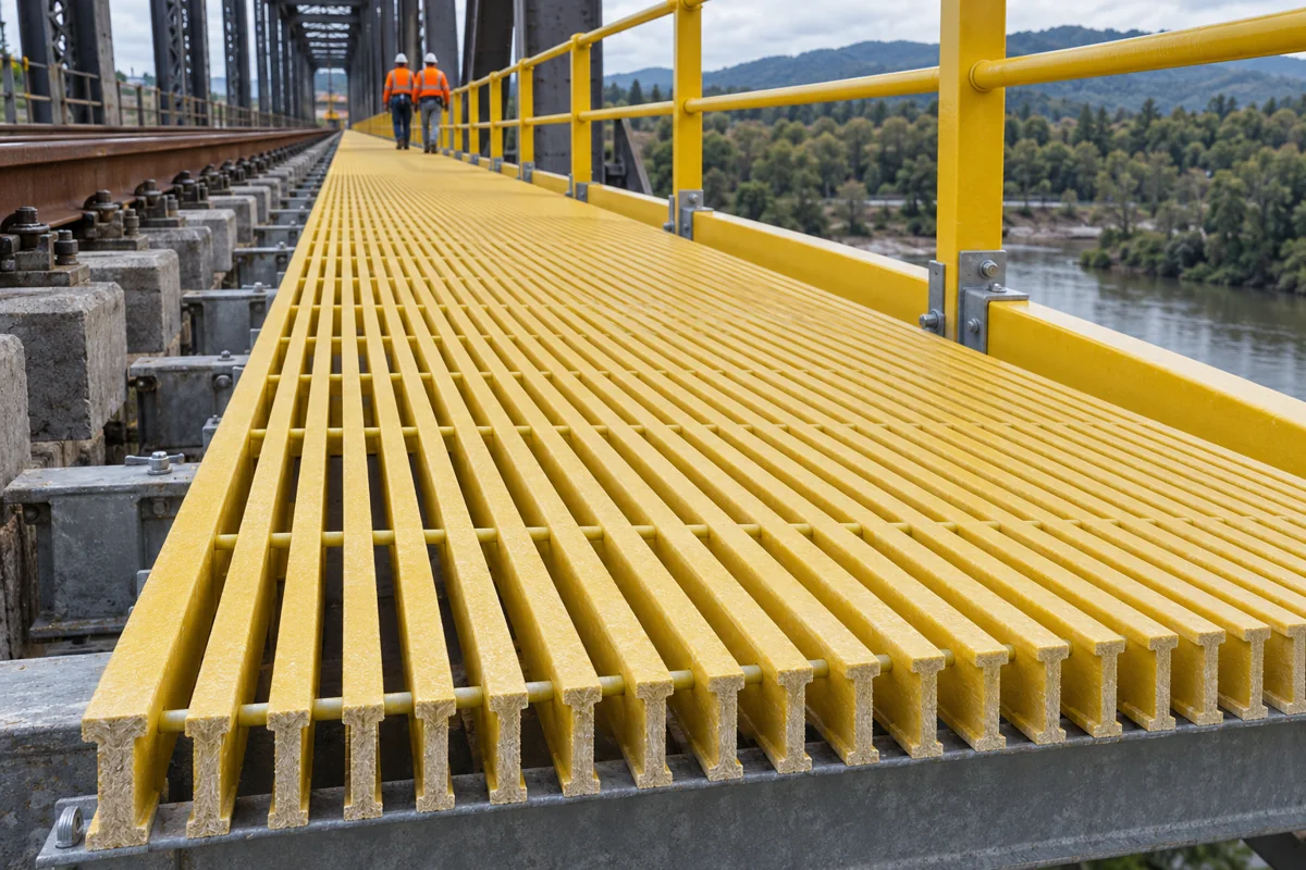 Long pultruded FRP grating walkway panels on a bridge with yellow handrails