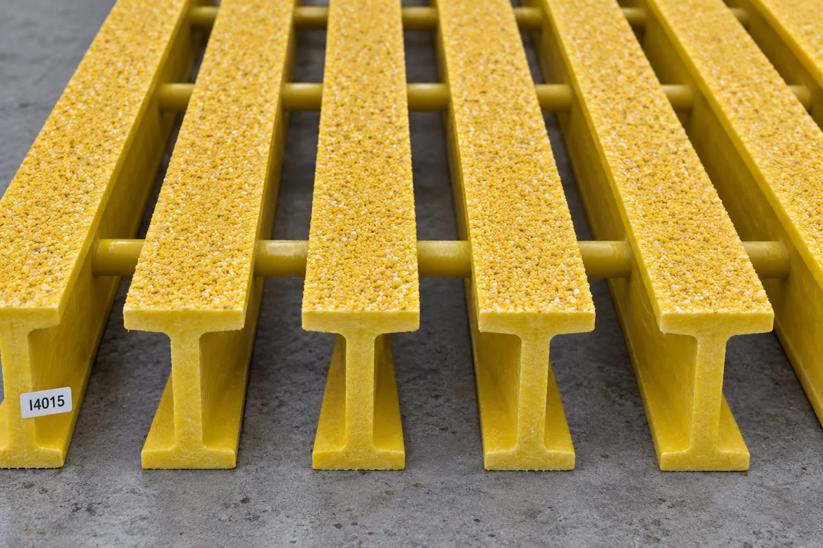 Pultruded FRP grating panel with model label I4015 and grit top surface