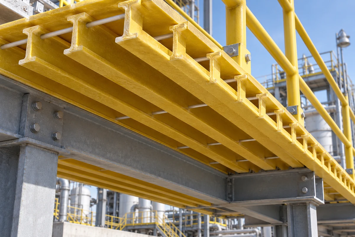 Pultruded FRP grating I-bar load bars spanning between steel support beams